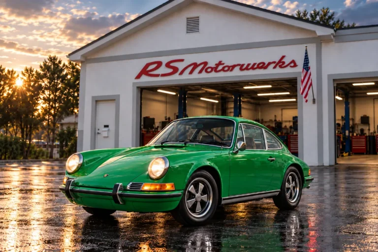Green 1973 Porsche 911T parked outside RS Motorwerks