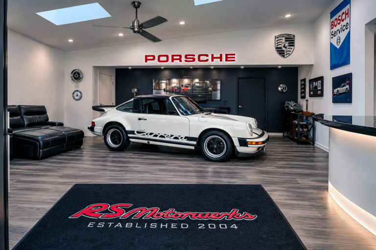 Classic Porsche 911 inside the RS Motorwerks shop lobby